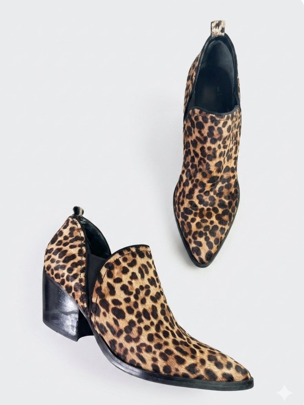 Marc Fisher Alva camel animal print calf hair pointed toe booties size 8.5